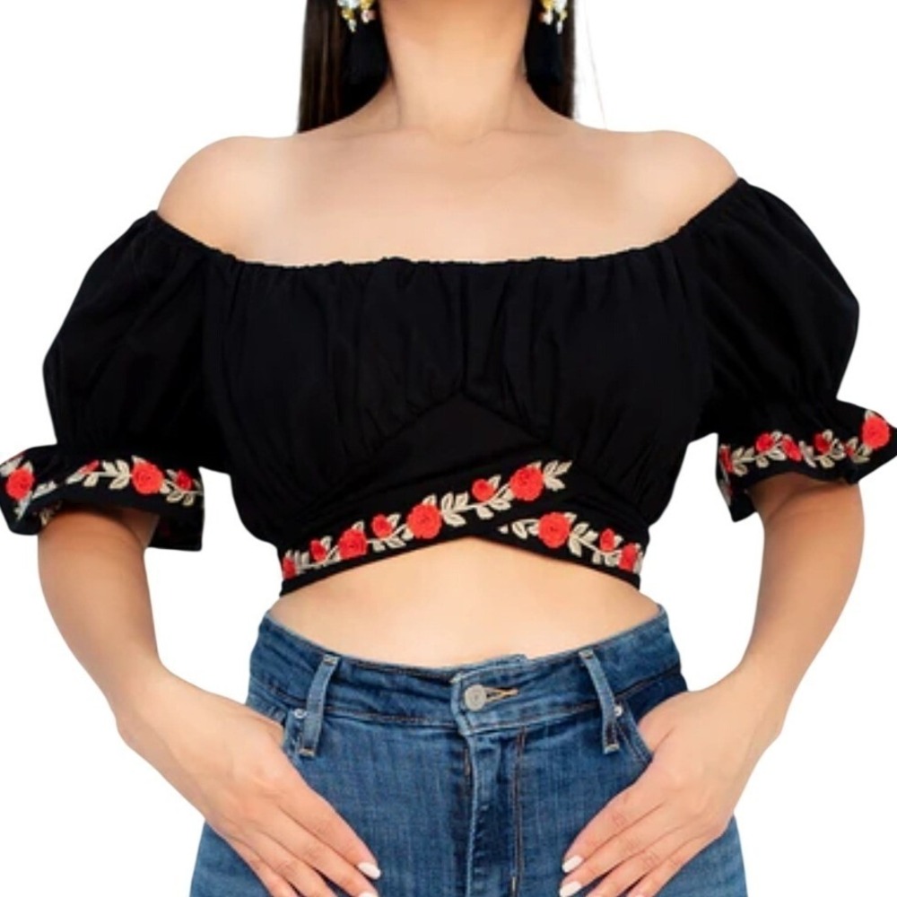 Herencia Collection Lucero Crop Top Black Floral Embroidered  boho milkmaid core